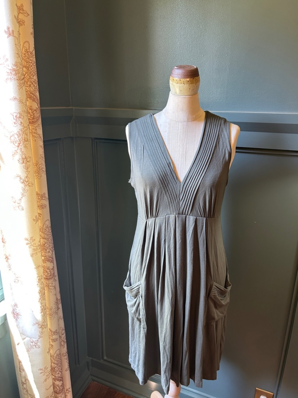 Calvin Klein vNeck Sleeveless Midi Dress with Gathered Skirt and Pockets - Olive